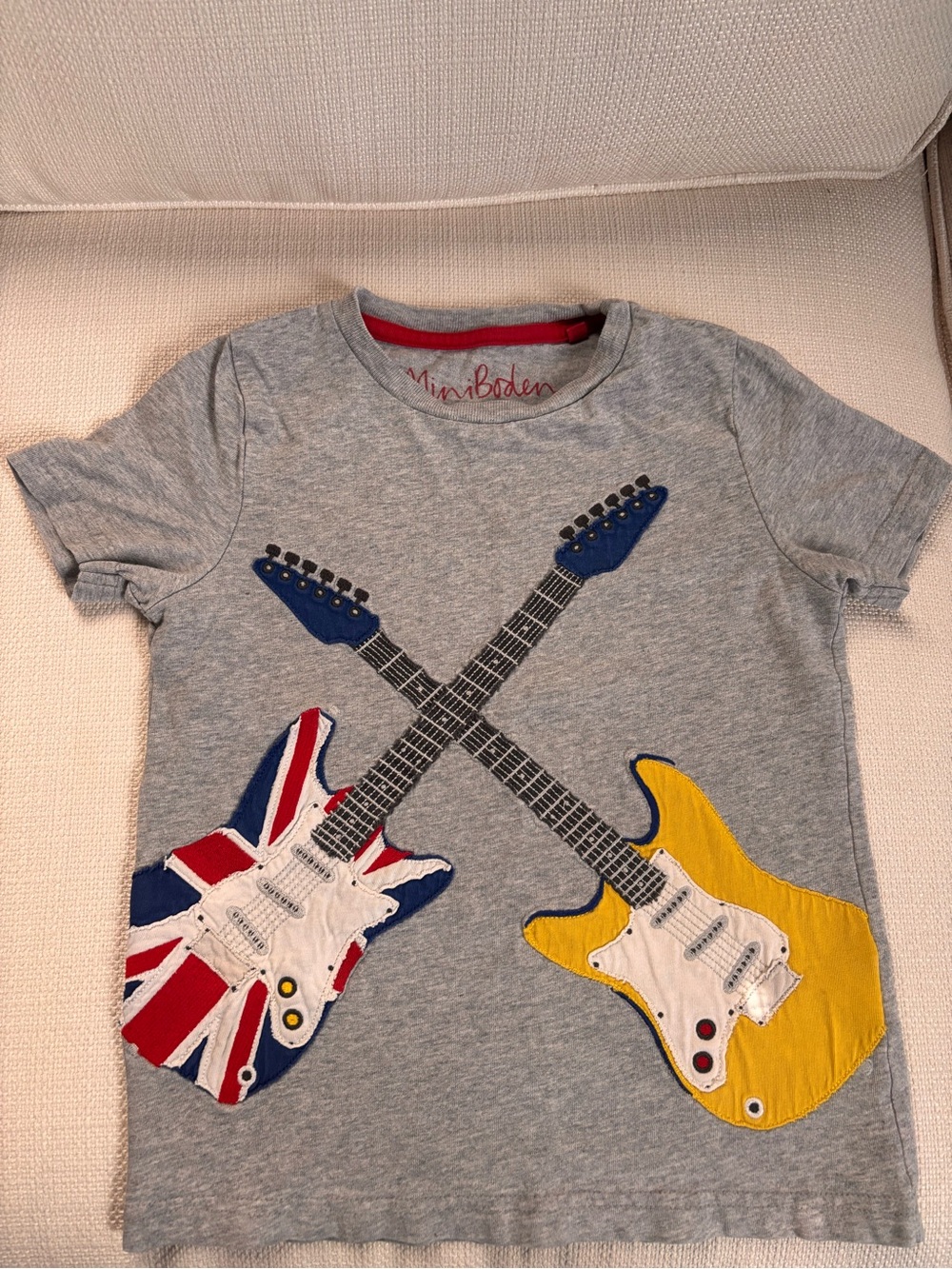 Mini Boden Gray Short Sleeve Tee with Union Jack and Yellow Guitar Patches